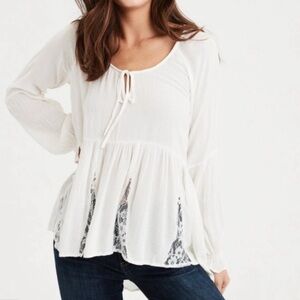 American Eagle Boho Peasant Top XS White Lace Trim Flowy cottagecore blouse